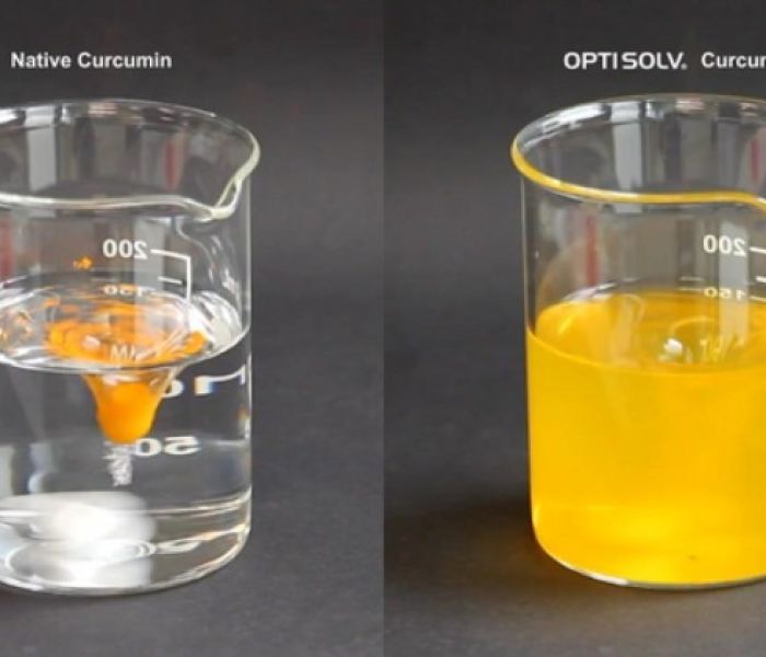 Demonstration der Löslichkeit von Curcumin, rechts nativ (Foto: Evanium Healthcare GmbH/ Fotograf privat)